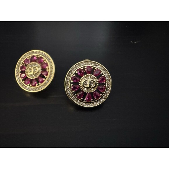 Christian Dior Stamped CD Authentic Magenta Crystals Medallion Stud Earrings - Picture 14 of 16